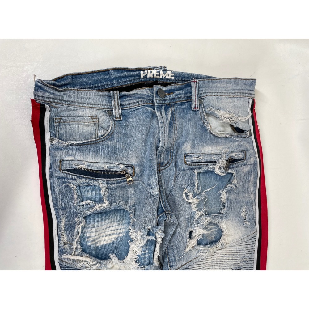 Preme Mens 34x32 Moto Biker Jeans Distressed Light Wash Side Stripe Slim Fit - Picture 2 of 10